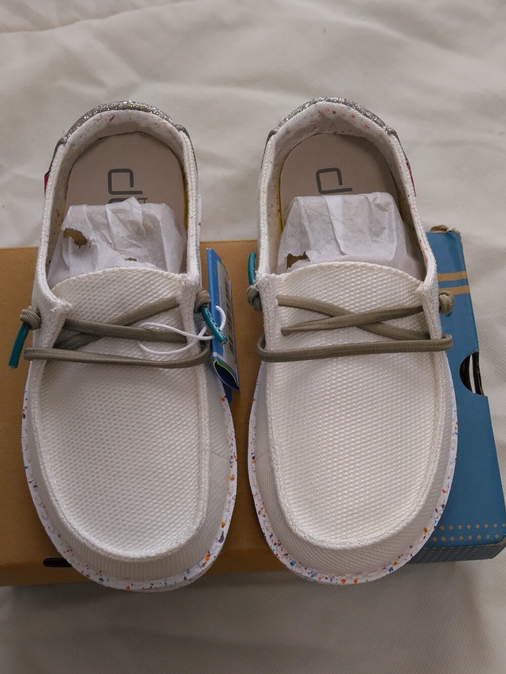 NWT Hey Dude Kids White Sneakers with Multicolor Speckle